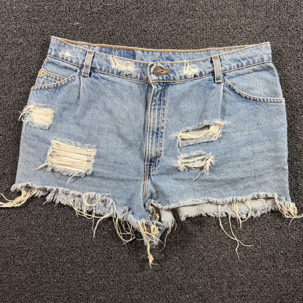 Vintage Levi's 981 Orange Tab Distressed Denim Shorts Women's 14 Light Wash USA